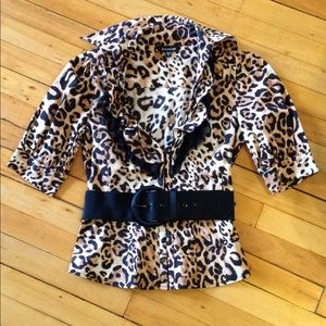 Bebe Leopard Print Lace Belted Blouse S